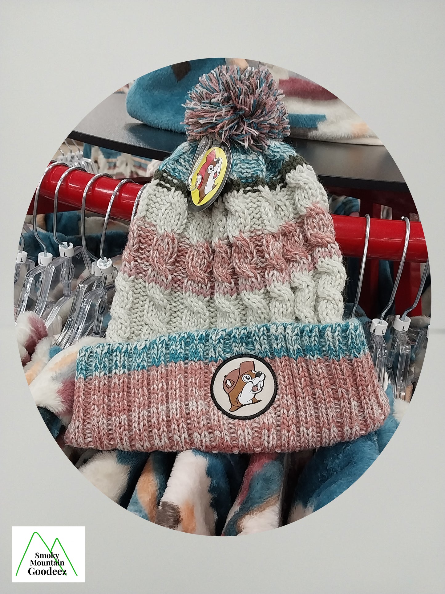 Buc-ee's Mauve / Grey Poof Ball Warm Winter Hat